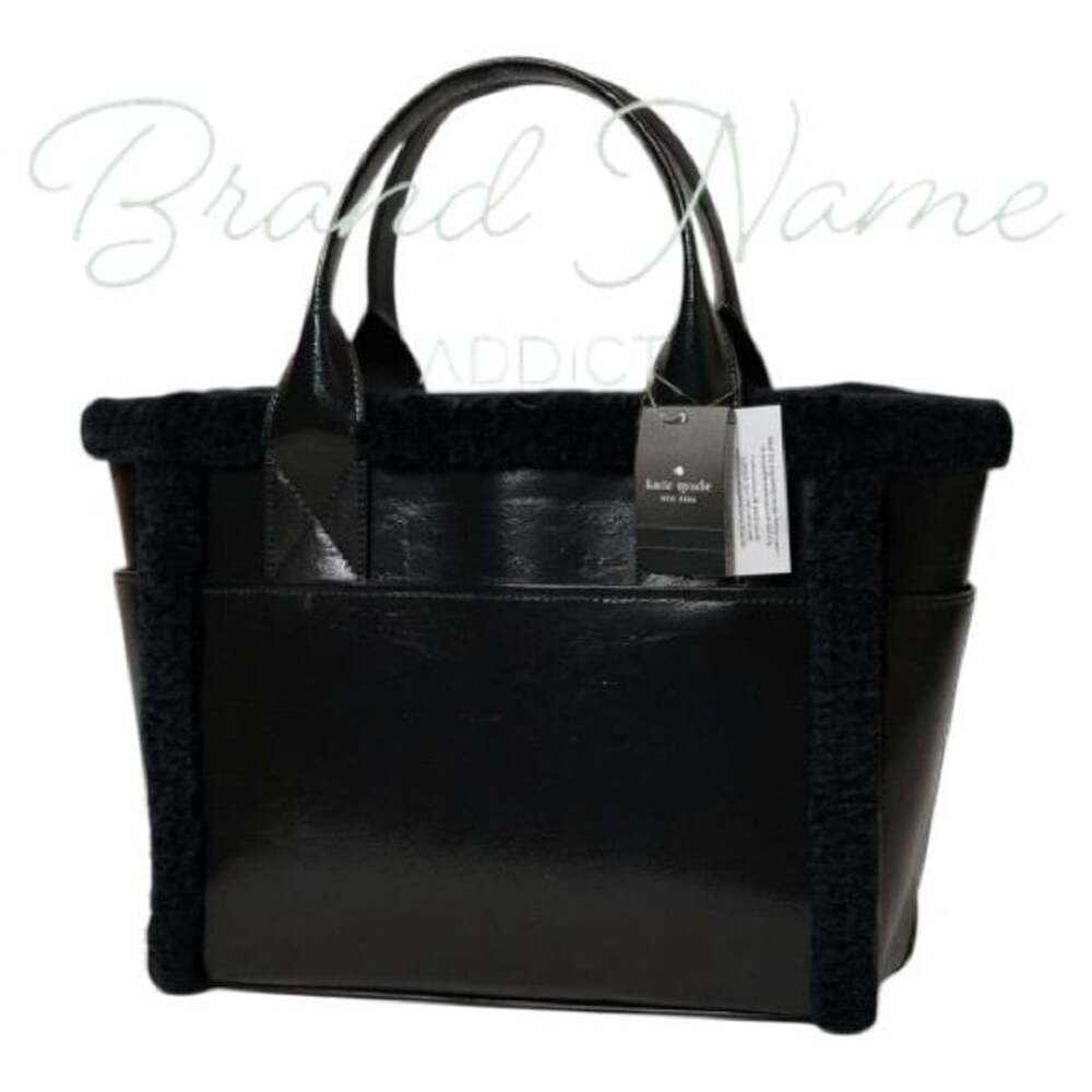 Kate Spade Large 17” Jett Black Faux Shearling Patent Leather Tote Bag - Picture 2 of 6